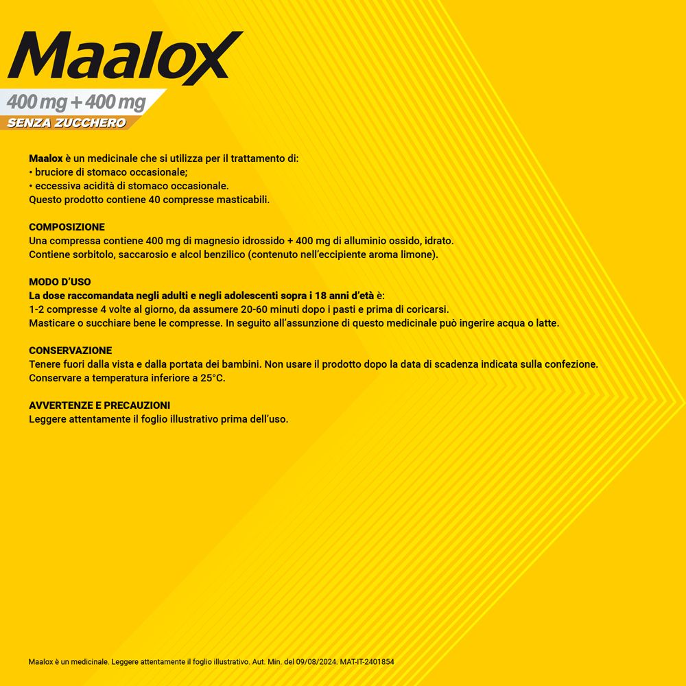 Sfondo giallo con testo: Maalox è un medicinale. Composizione, uso, avvertenze. Testo: 400 mg + 400 mg.
