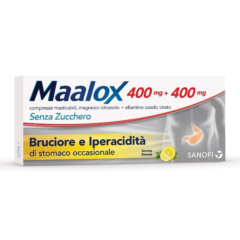 Confezione di Maalox 400 mg + 400 mg compresse. Scritto: Bruciore e Iperacidità di stomaco occasionale. Aroma limone.