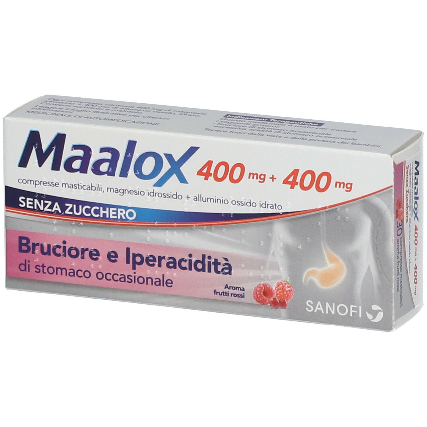Confezione di Maalox 400 mg + 400 mg compresse. Scritto: Bruciore e Iperacidità di stomaco occasionale. Aroma frutti rossi.