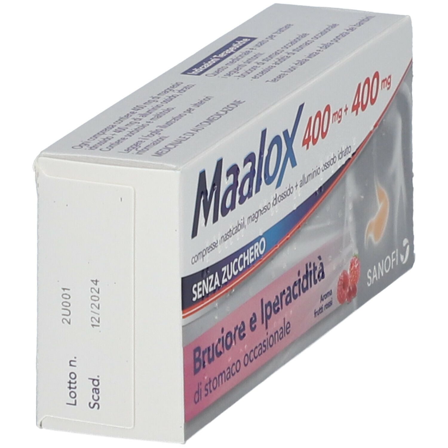 Confezione di Maalox 400 mg + 400 mg compresse. Scritto: Bruciore e Iperacidità di stomaco occasionale. Aroma frutti rossi.