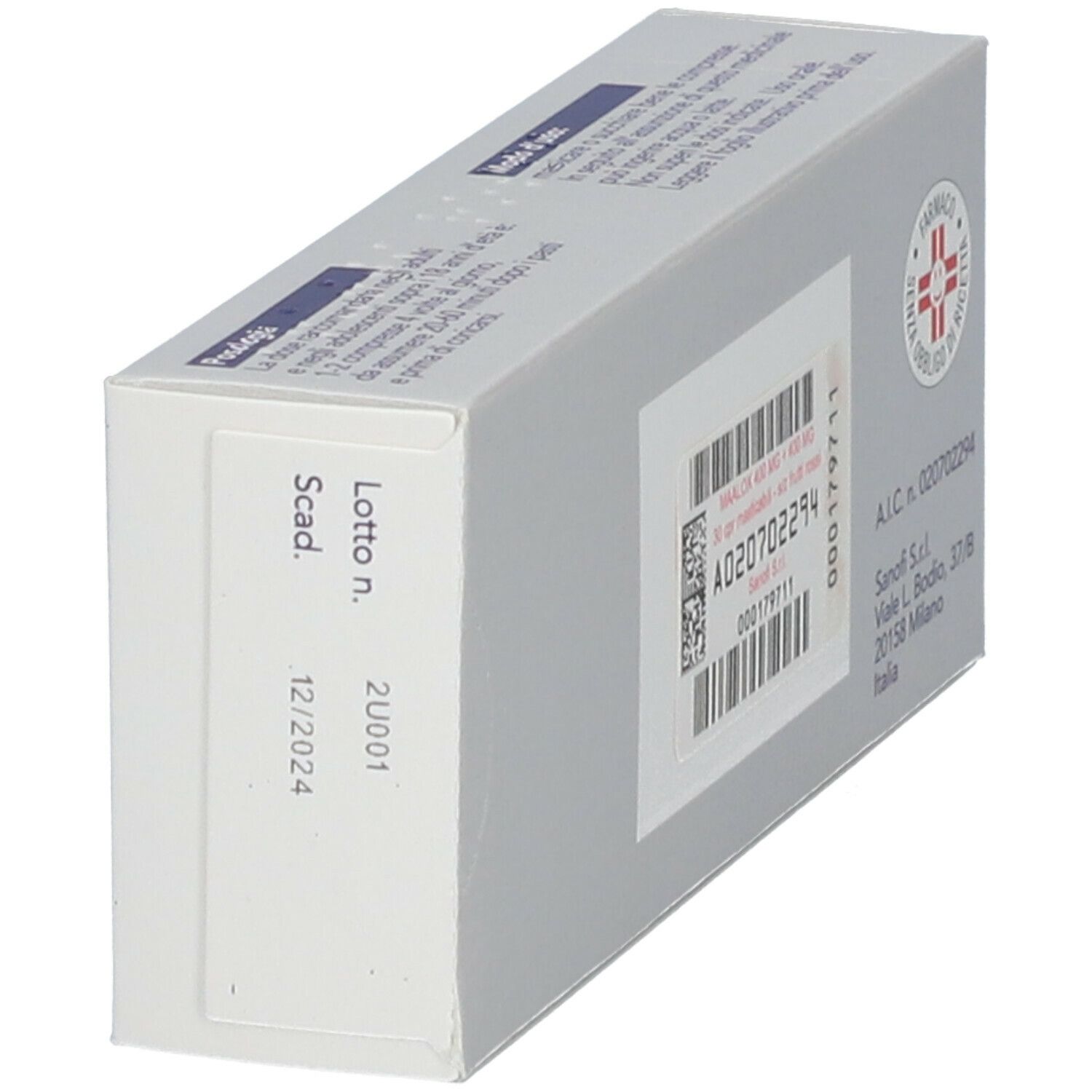 Vista obliqua della confezione Maalox. Scritto: Maalox 400 mg + 400 mg. Bruciore e Iperacidità di stomaco occasionale. Aroma frutti rossi.