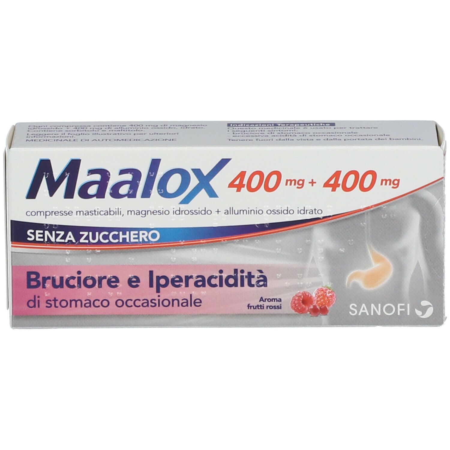 Retro della confezione Maalox. Numero di lotto e scadenza 12/2024. Codice a barre e altre informazioni.