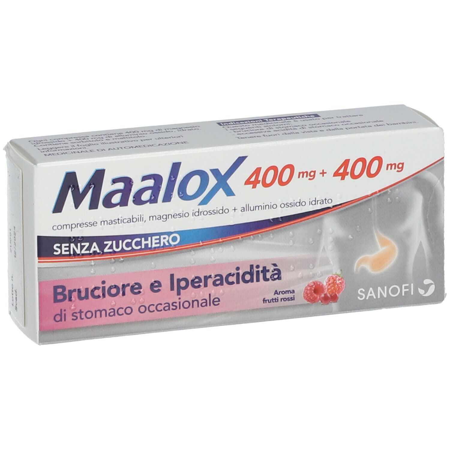 Confezione di Maalox 400 mg + 400 mg compresse. Scritto: Bruciore e Iperacidità di stomaco occasionale. Aroma frutti rossi.