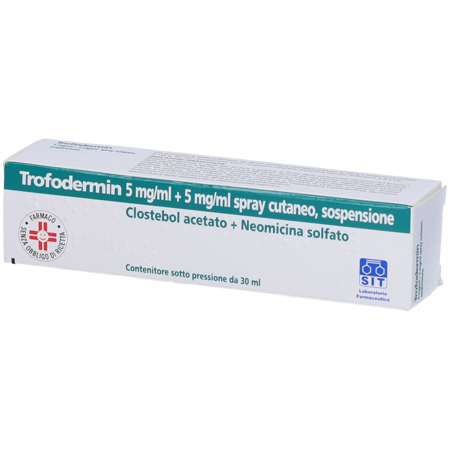 Scatola Trofodermin. Contiene spray cutaneo. Logo farmacia e produttore visibili.