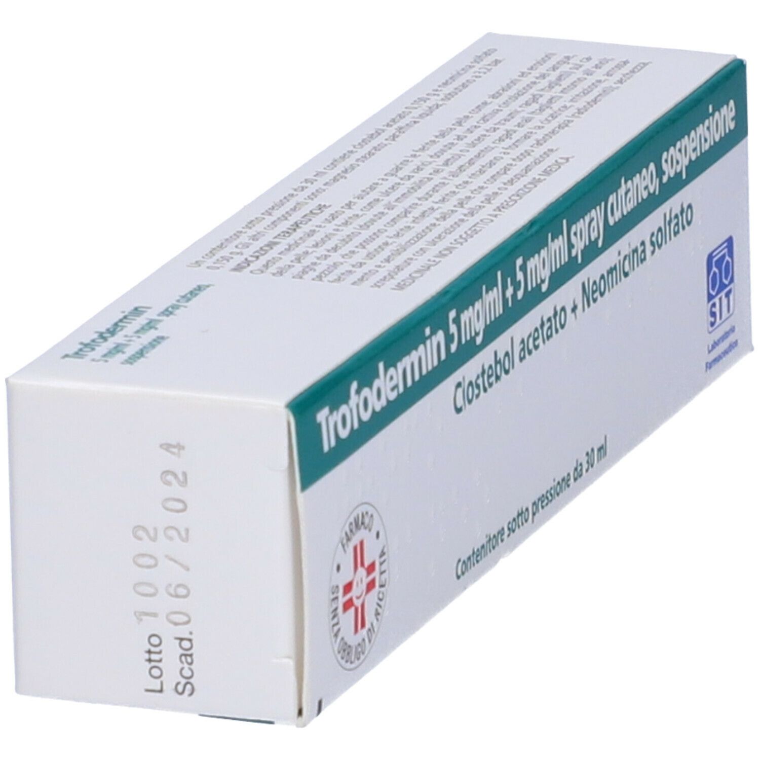 Scatola Trofodermin inclinata. Nome, ingredienti e data di scadenza visibili.