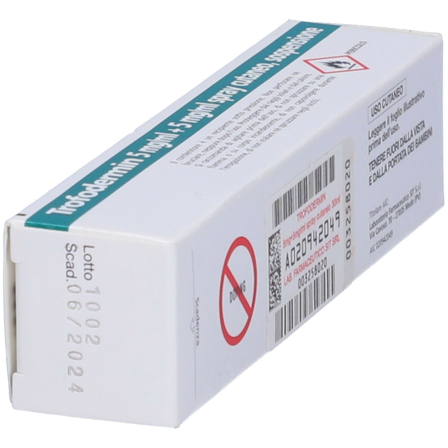 Scatola Trofodermin, retro. Avvertenze e numero di lotto. Non ingerire.
