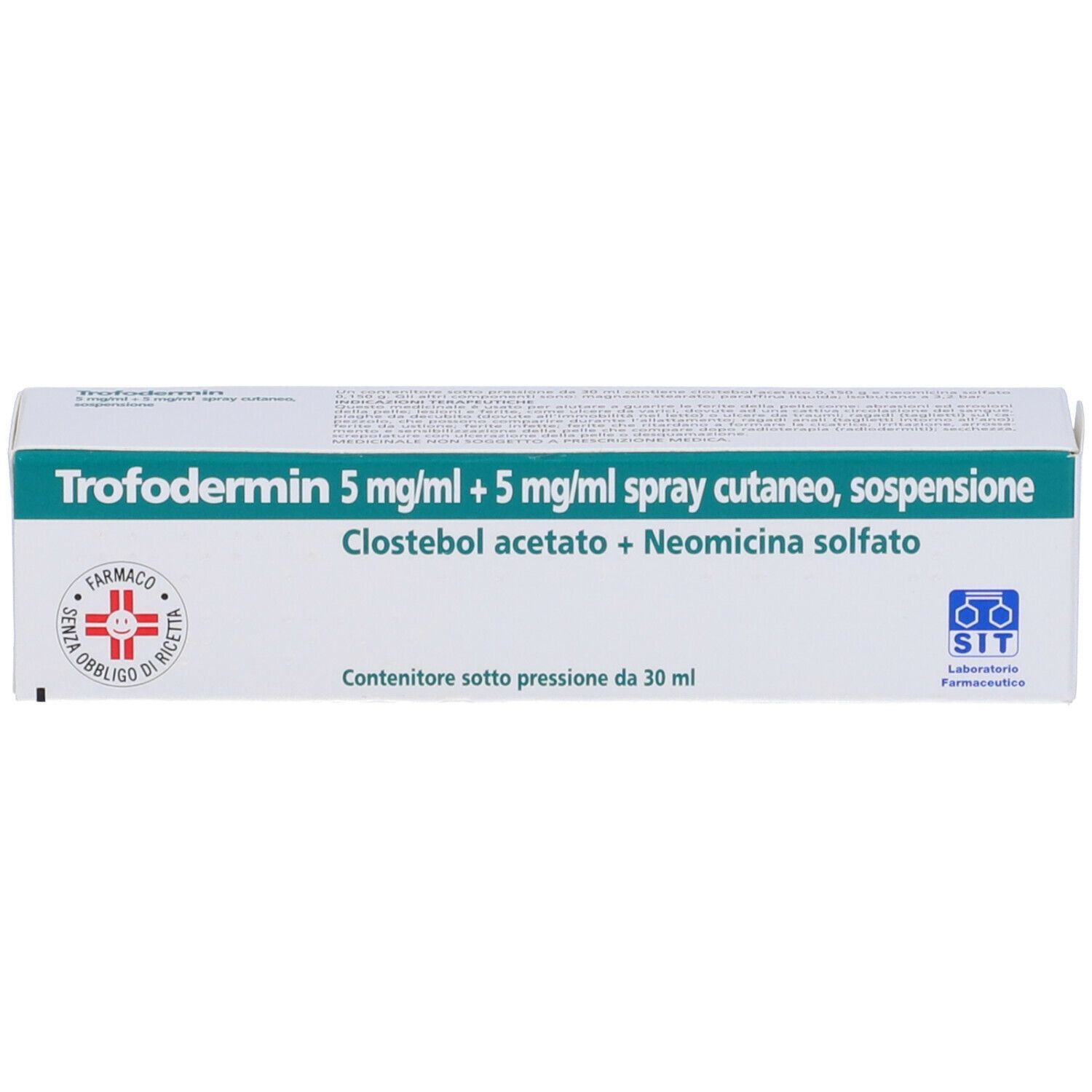 Scatola Trofodermin. Nome prodotto, ingredienti e logo farmacia visibili.