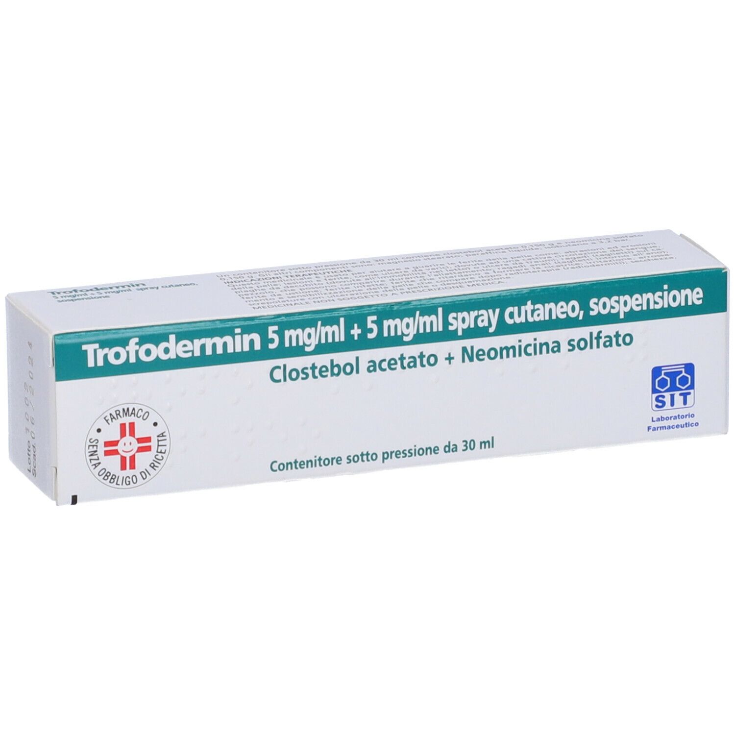 Scatola Trofodermin. Nome prodotto, ingredienti e logo farmacia visibili.