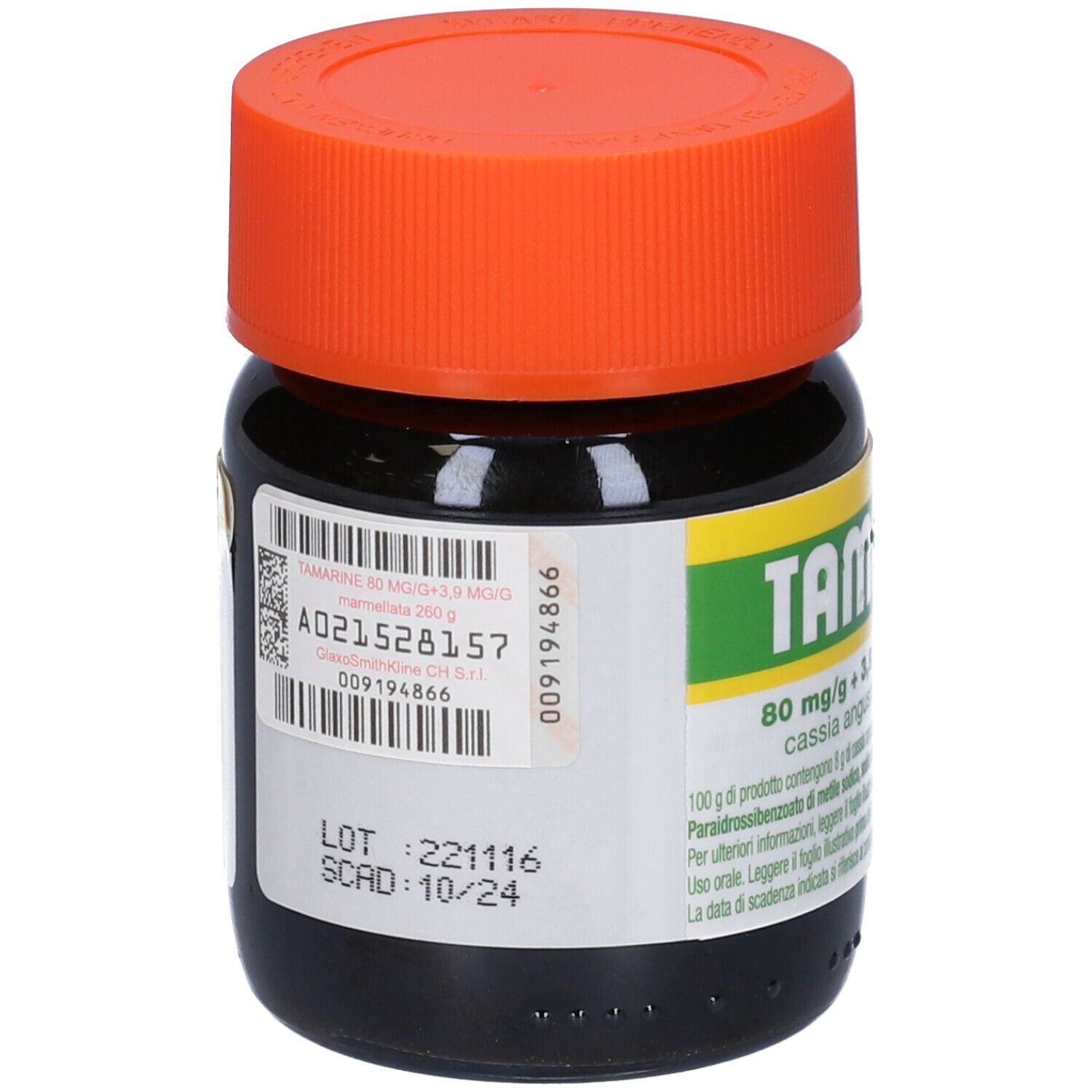 Vasetto di vetro marrone con coperchio arancione. Scritta TAMARINE. Etichetta con informazioni e codice a barre.