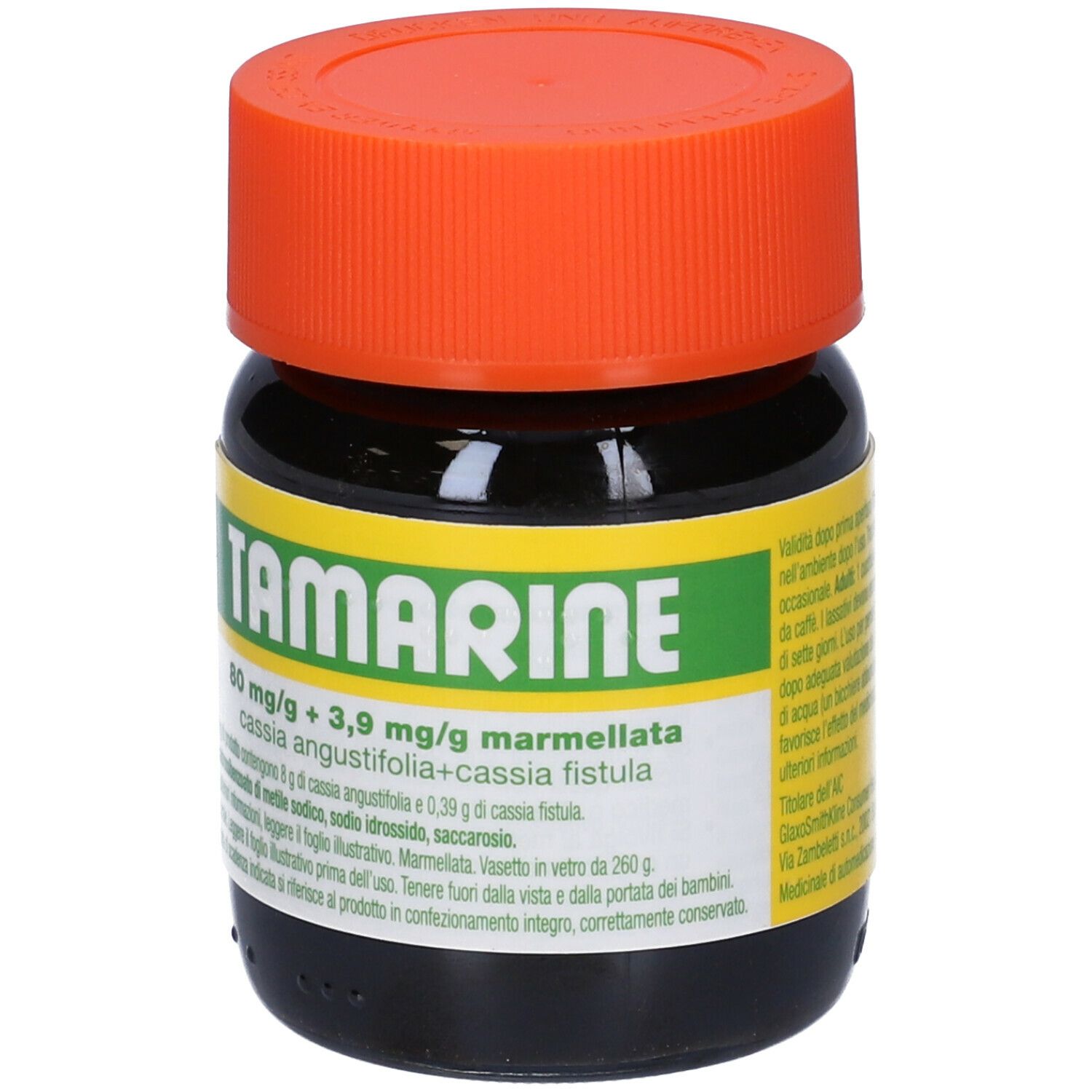 Vasetto di vetro marrone con coperchio arancione. Scritta TAMARINE. Etichetta gialla con informazioni sul prodotto.