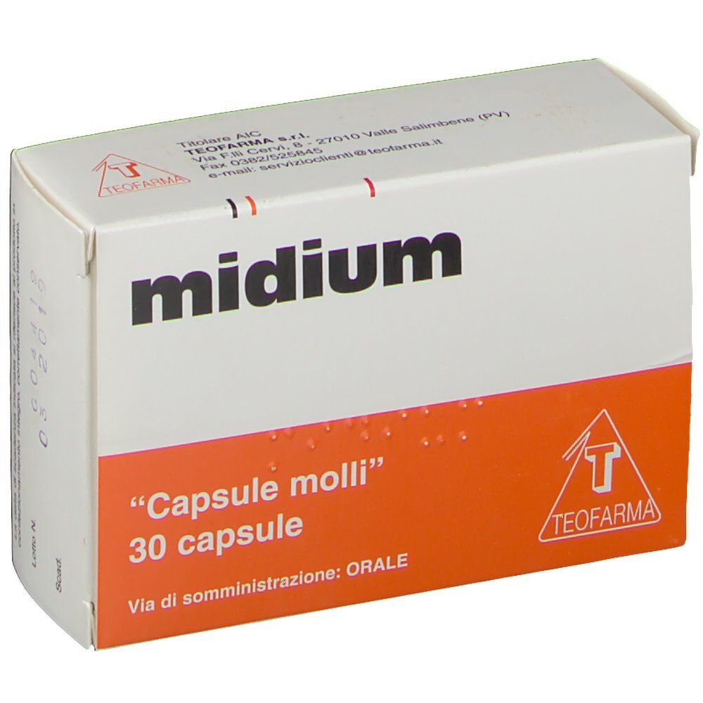 Scatola "midium". Area arancione con testo "Capsule molli" e "30 capsule". Logo Teofarma. Scatola bianca e arancione.