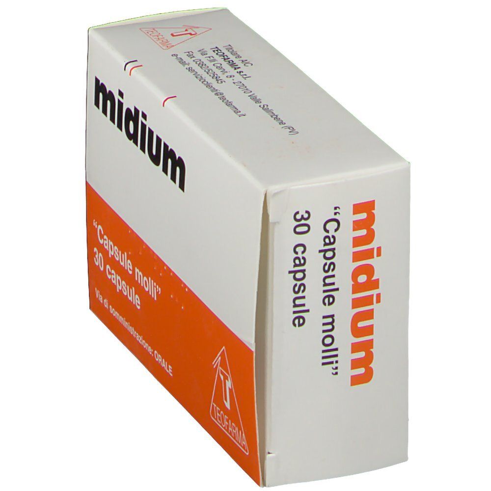 Vista obliqua della confezione "midium". Testo "Capsule molli" e "30 capsule". Logo Teofarma. Bianco e arancione.