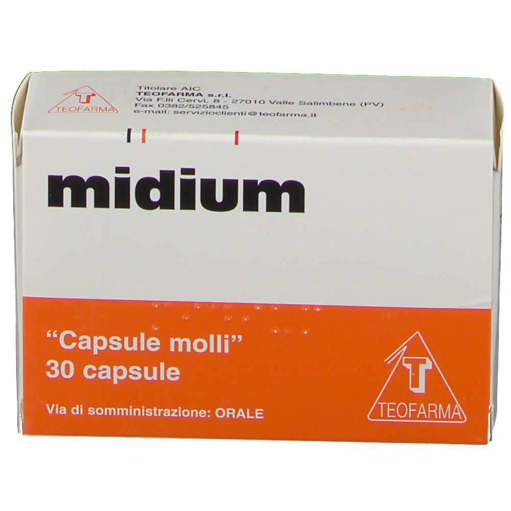 Scatola "midium" con testo "Capsule molli" e "30 capsule". Logo Teofarma. Bianco e arancione.