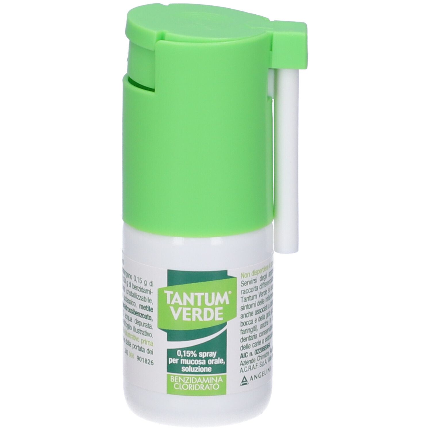 TANTUM® VERDE Spray, flacone verde e bianco con applicatore. Contiene 0,15% benzidamina cloridrato.