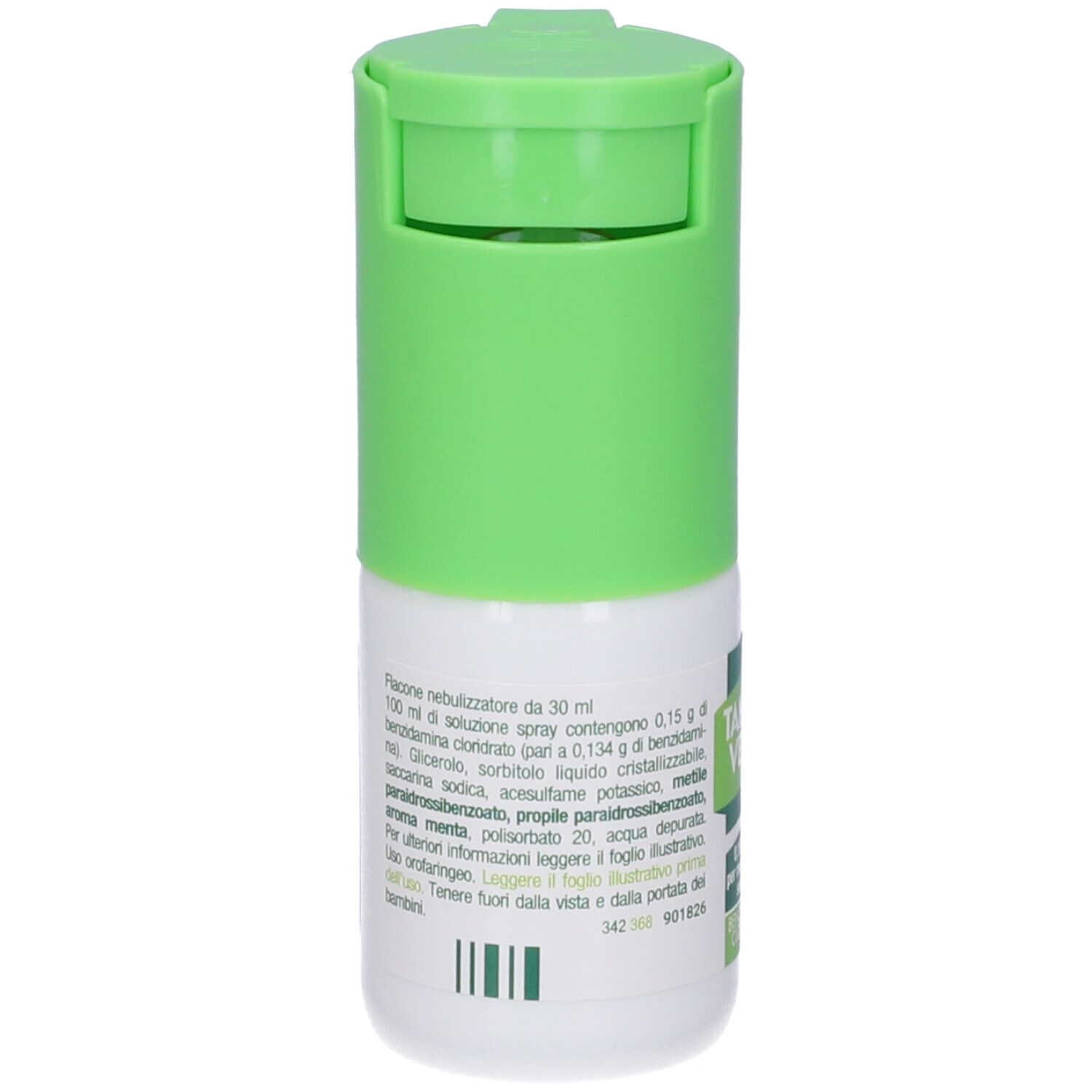 Retro dello spray TANTUM® VERDE. Contiene informazioni sugli ingredienti e il produttore. Flacone bianco con tappo verde.
