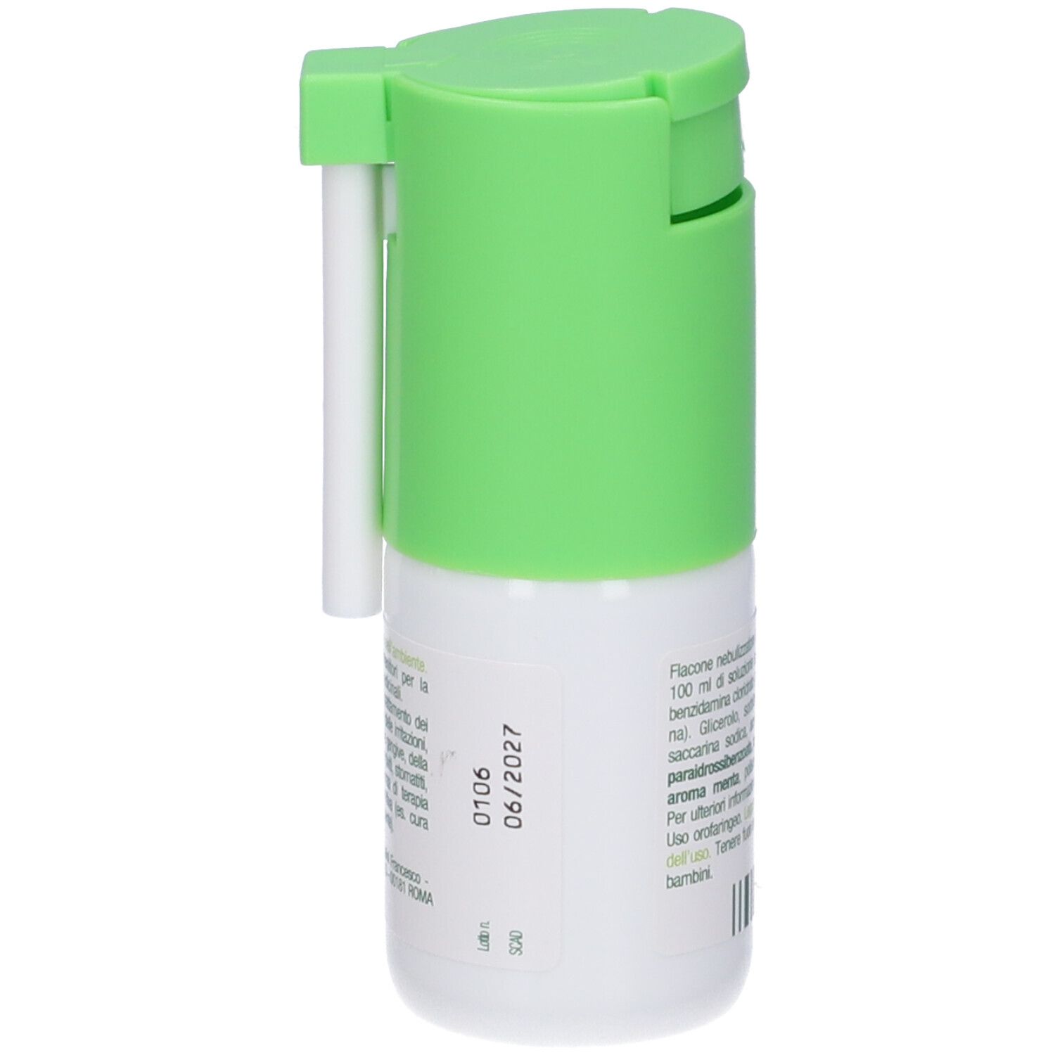 TANTUM® VERDE Spray, flacone bianco con nebulizzatore e applicatore verdi. Scadenza 06/2027.