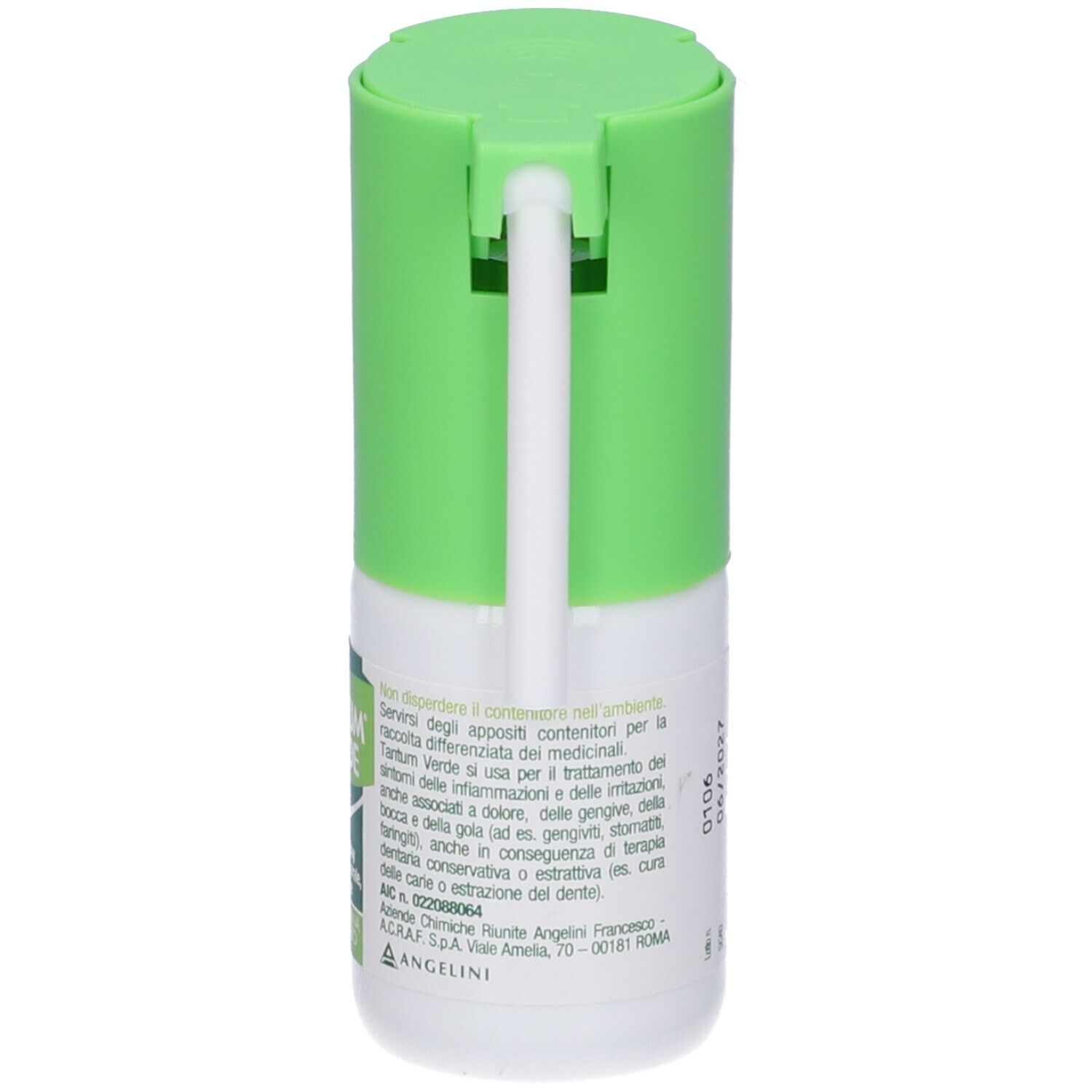 Retro dello spray TANTUM® VERDE. Contiene informazioni e dettagli del produttore. Flacone bianco con tappo verde.