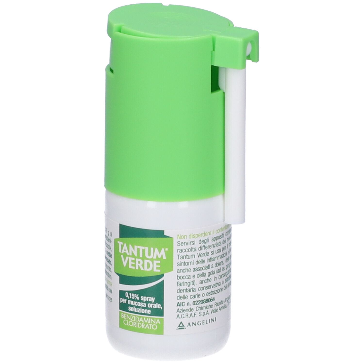TANTUM® VERDE Spray, flacone bianco con nebulizzatore e applicatore verdi. Contiene 0,15% benzidamina cloridrato.