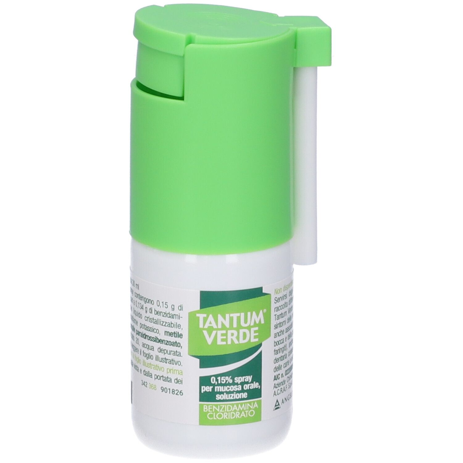 TANTUM® VERDE Spray, flacone bianco con nebulizzatore e applicatore verdi. Contiene 0,15% benzidamina cloridrato.