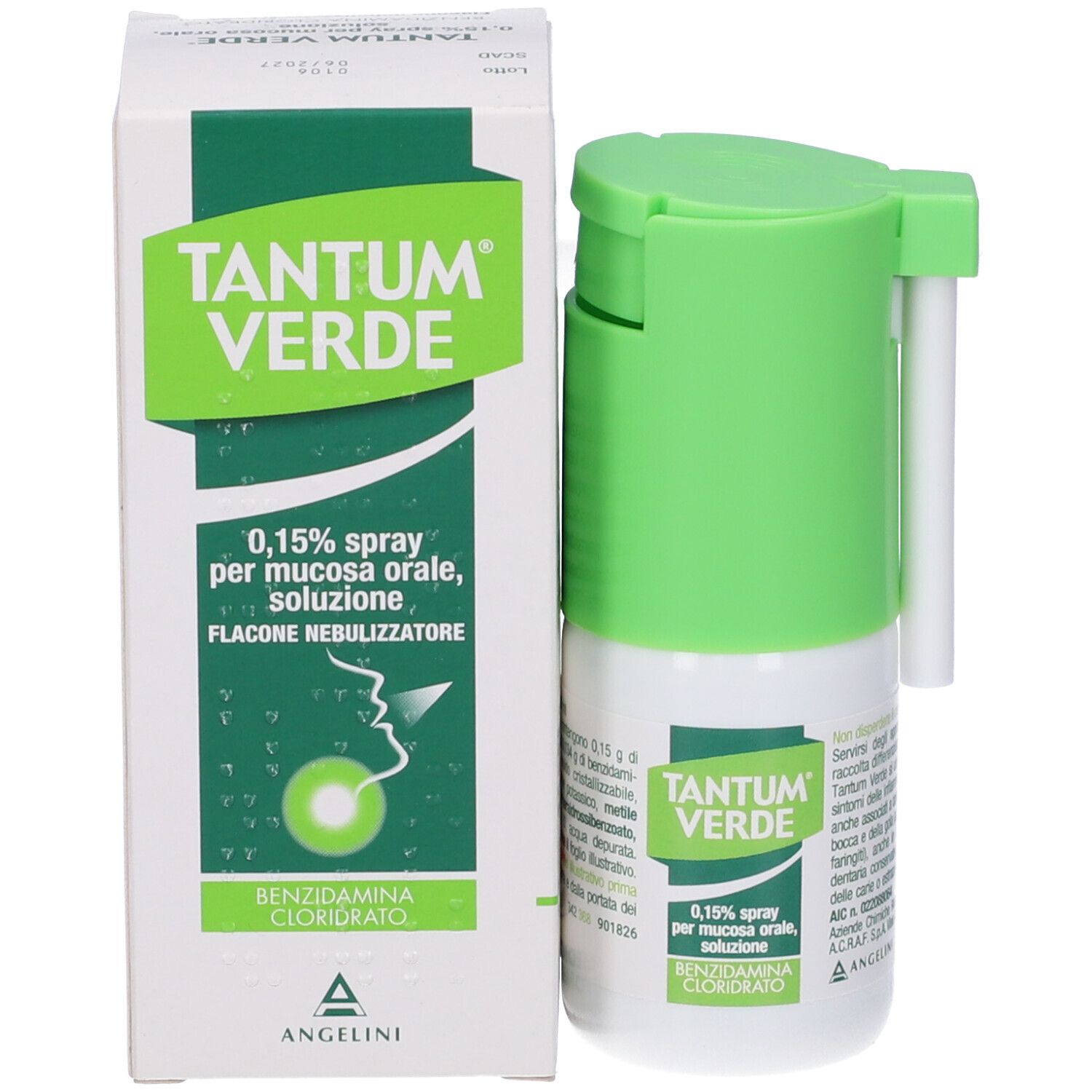 TANTUM® VERDE Spray e confezione. Scatola bianca con logo verde e informazioni sul prodotto. Flacone spray accanto.