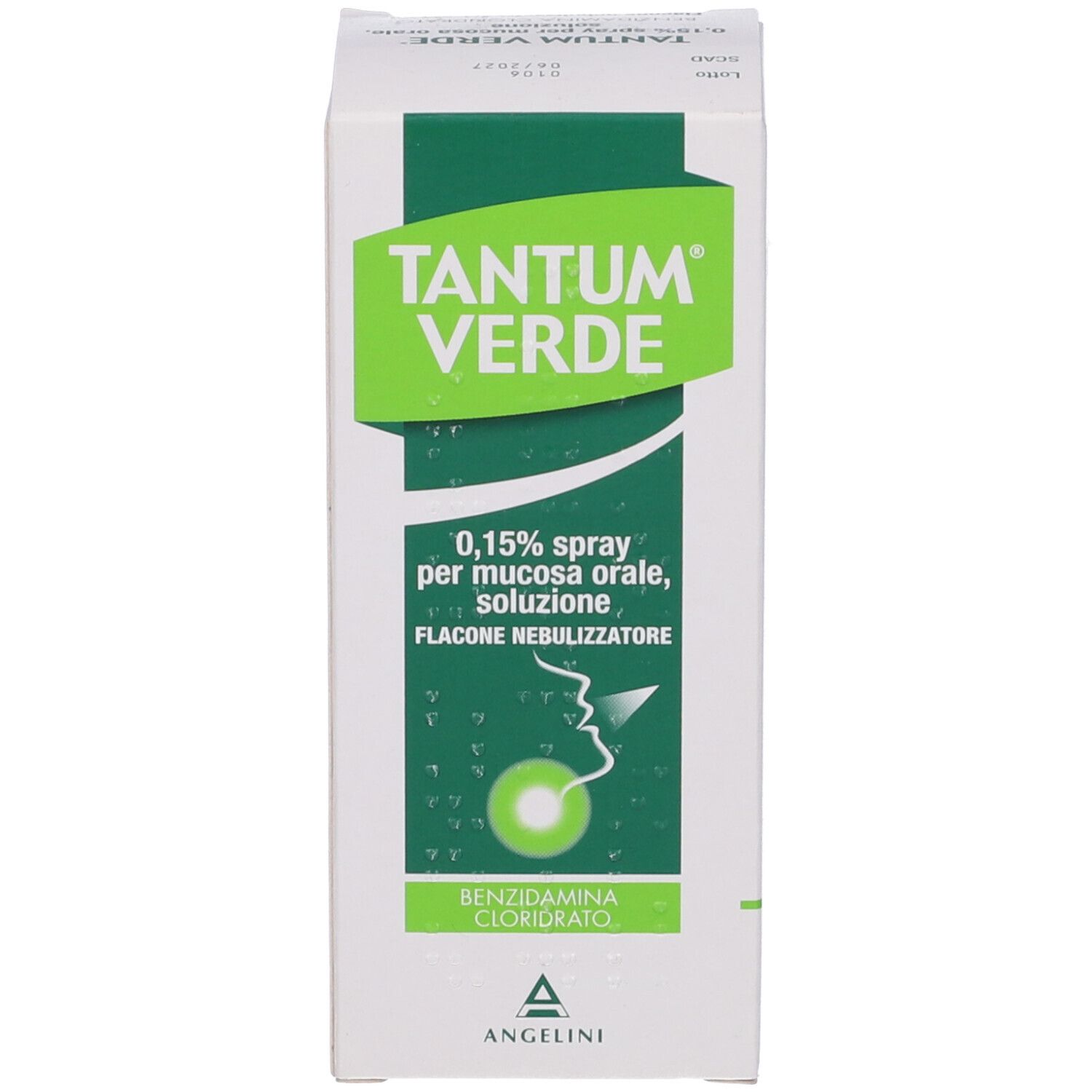 Confezione TANTUM® VERDE. Scatola bianca con logo verde e informazioni sul prodotto. Mostra un profilo del viso.