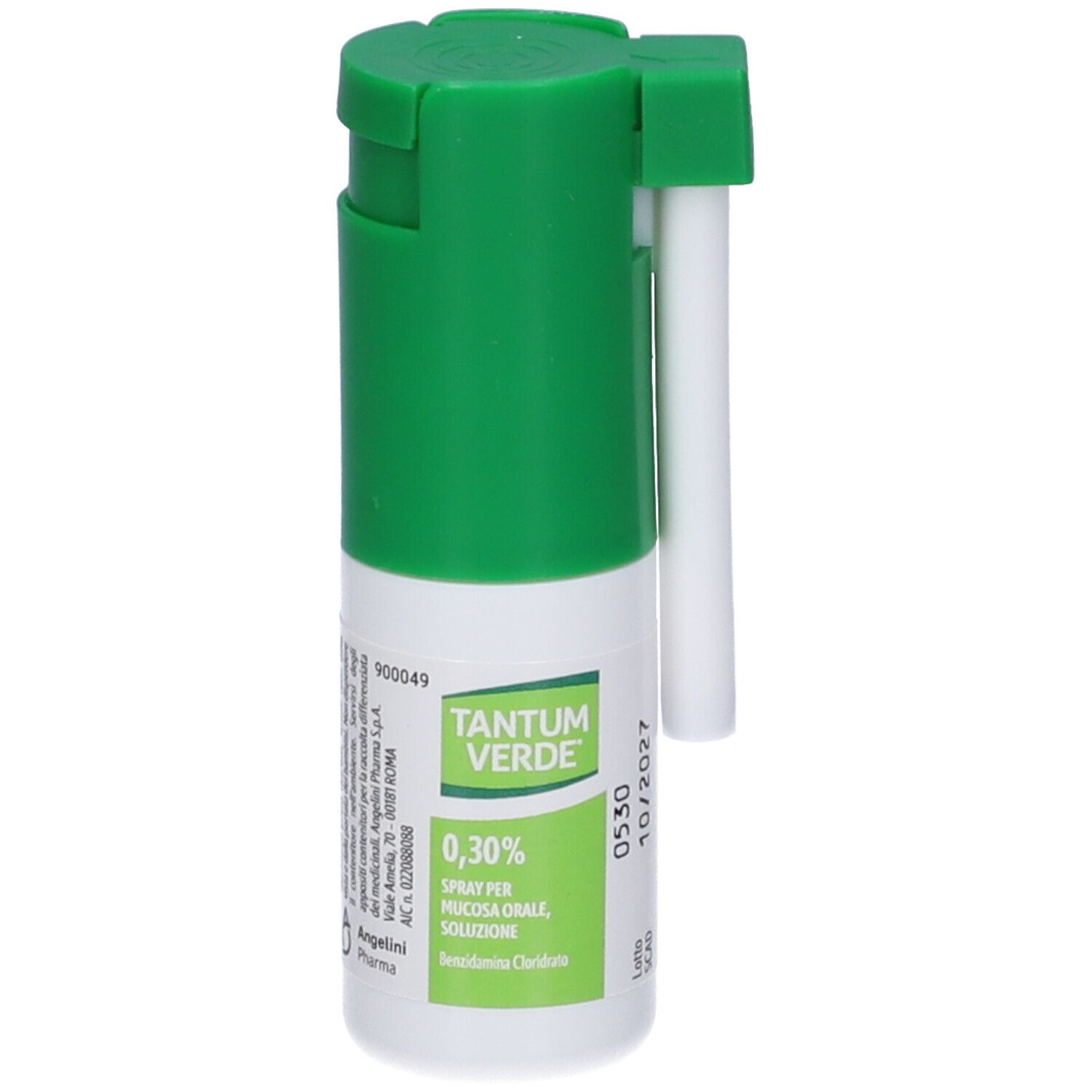 Spray verde e bianco. Scritta: TANTUM VERDE 0,30%. Flacone con tappo verde e contenitore bianco.