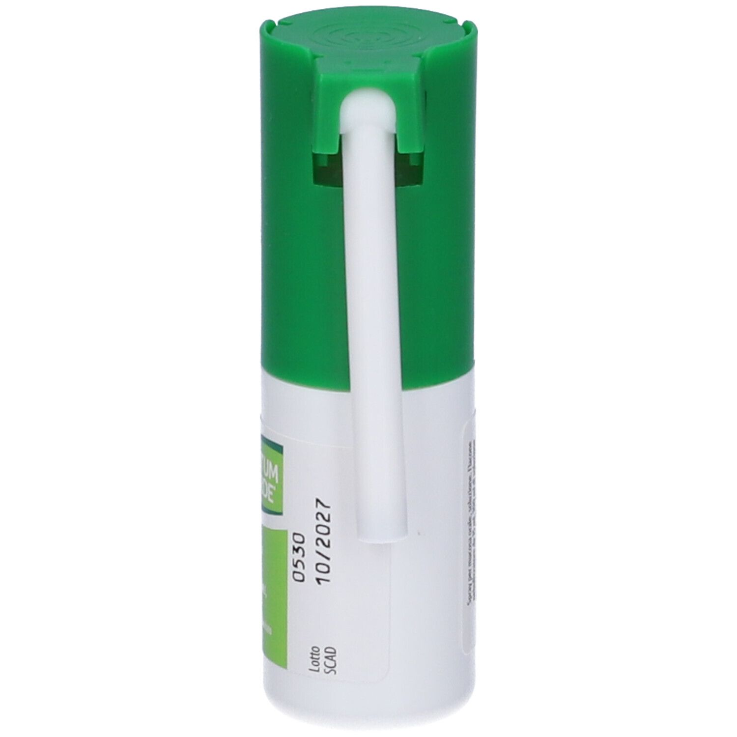 Spray verde con ugello bianco. Scritta e data di scadenza. Flacone con tappo verde e contenitore bianco.