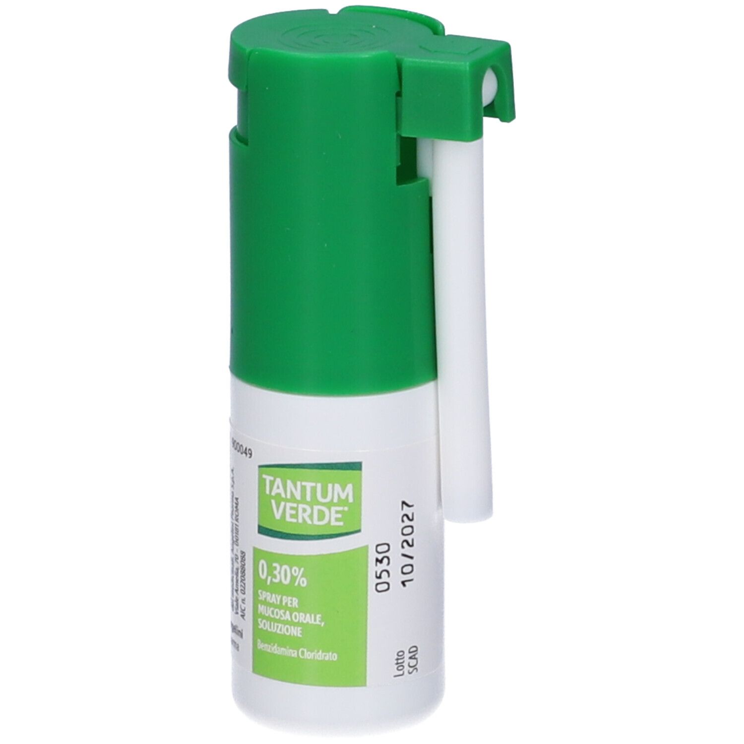 Spray verde con ugello bianco. Scritta: TANTUM VERDE 0,30%. Flacone con tappo verde e contenitore bianco.