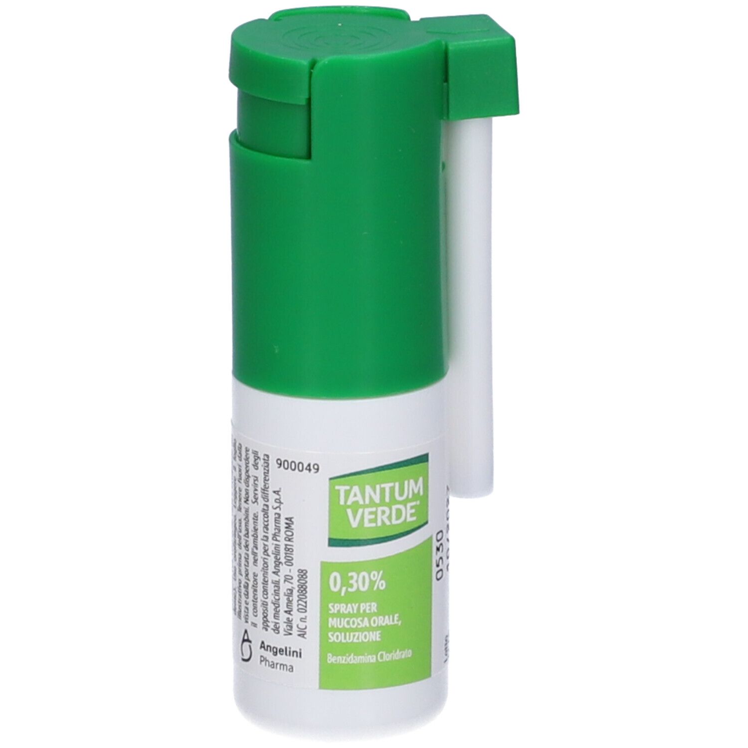 Spray verde con ugello bianco. Scritta: TANTUM VERDE 0,30%. Flacone con tappo verde e contenitore bianco.