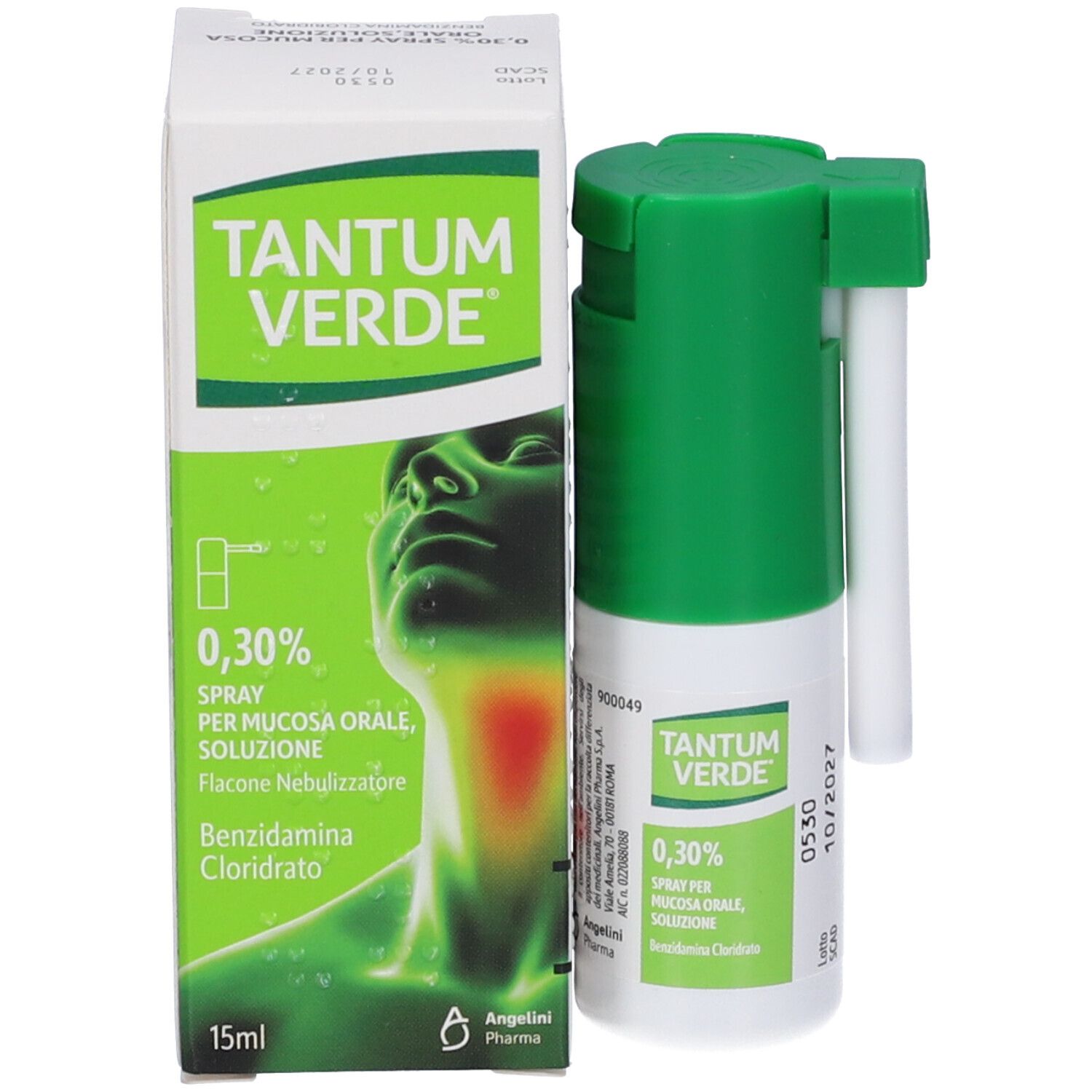 Confezione del prodotto con flacone e scatola. Scritta: TANTUM VERDE 0,30%. Illustrazione di una gola.
