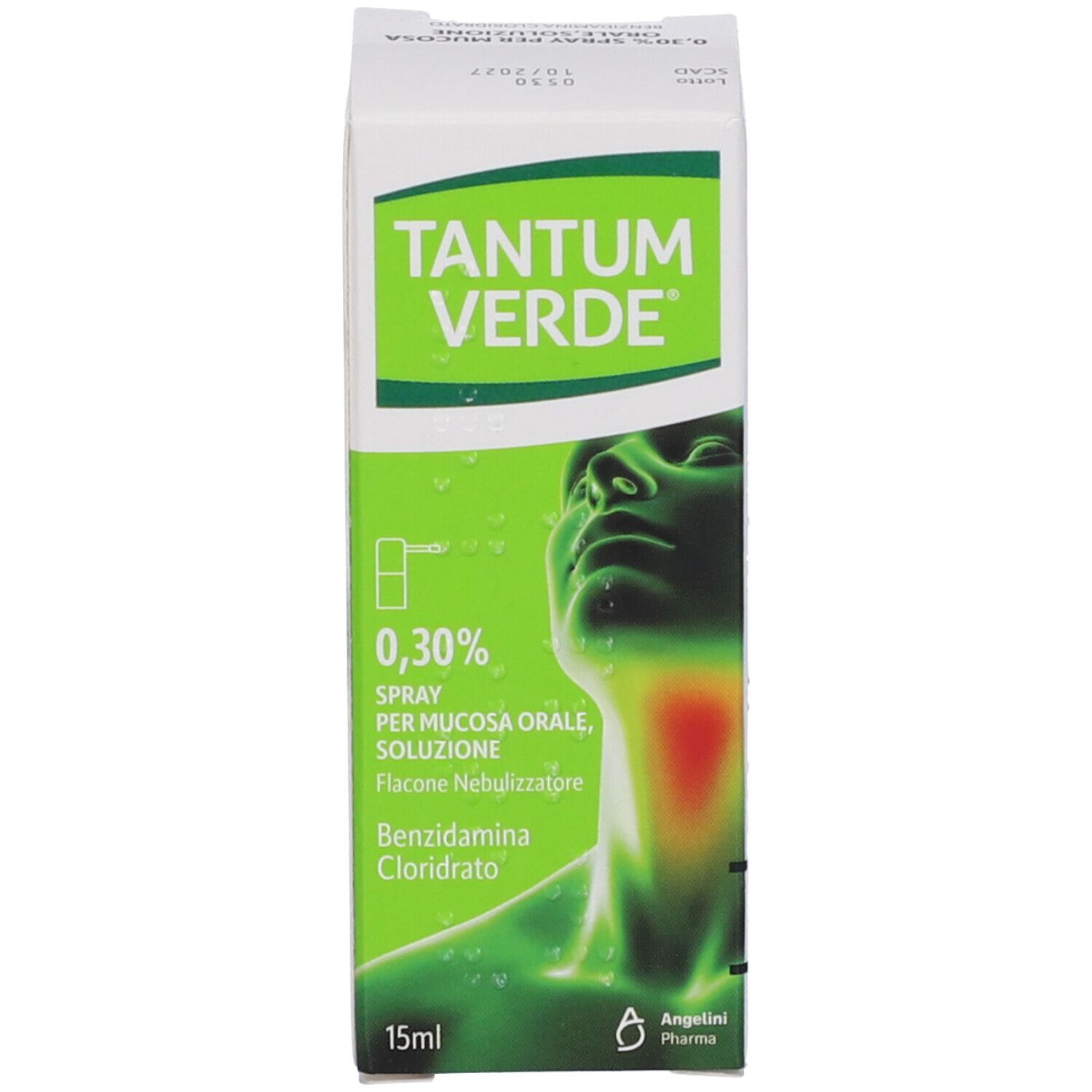 Confezione del prodotto con scatola. Scritta: TANTUM VERDE 0,30%. Illustrazione di una gola.