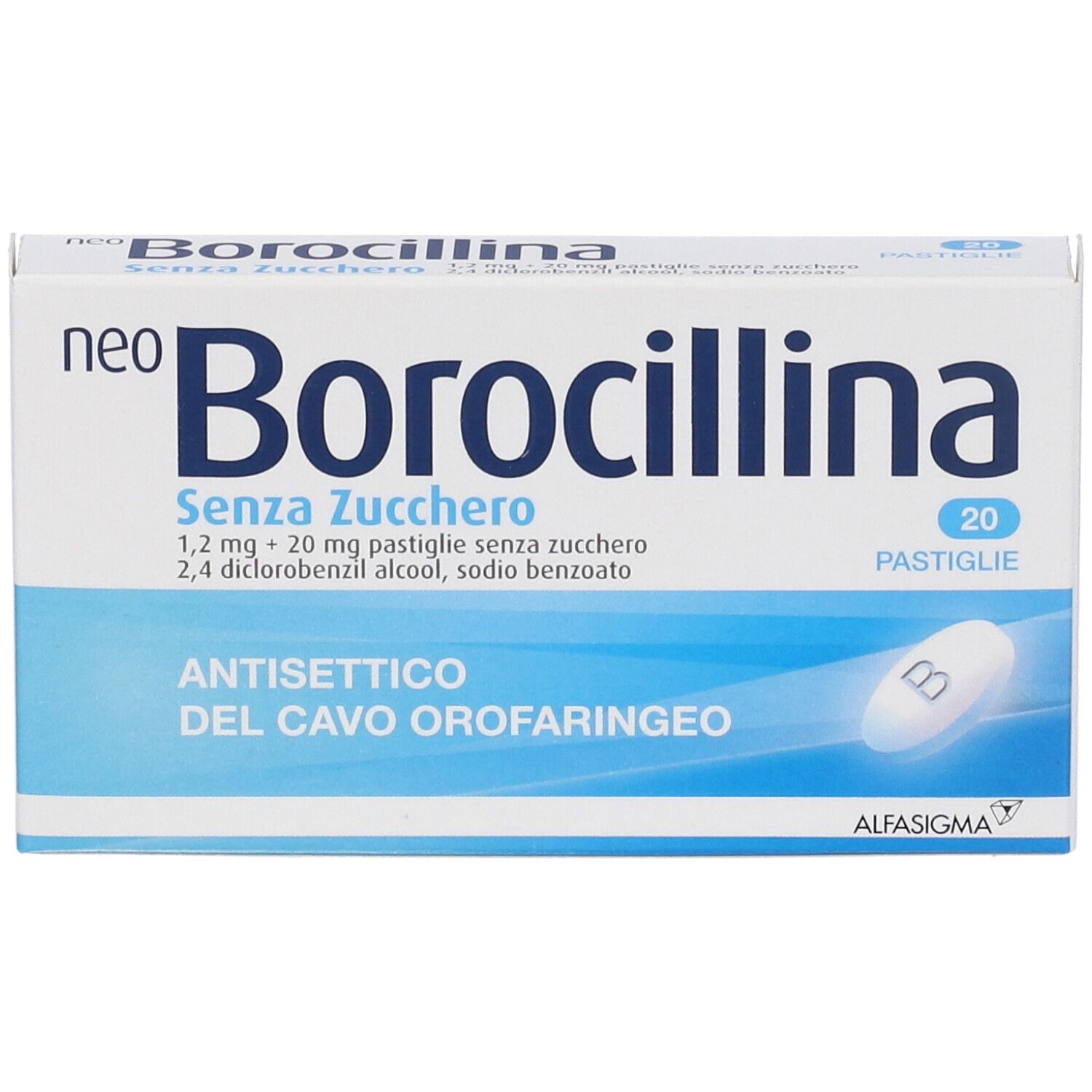 Scatola di 20 pastiglie senza zucchero. Scritto: Borocillina, Antisettico del cavo orofaringeo. Vista dall'alto.
