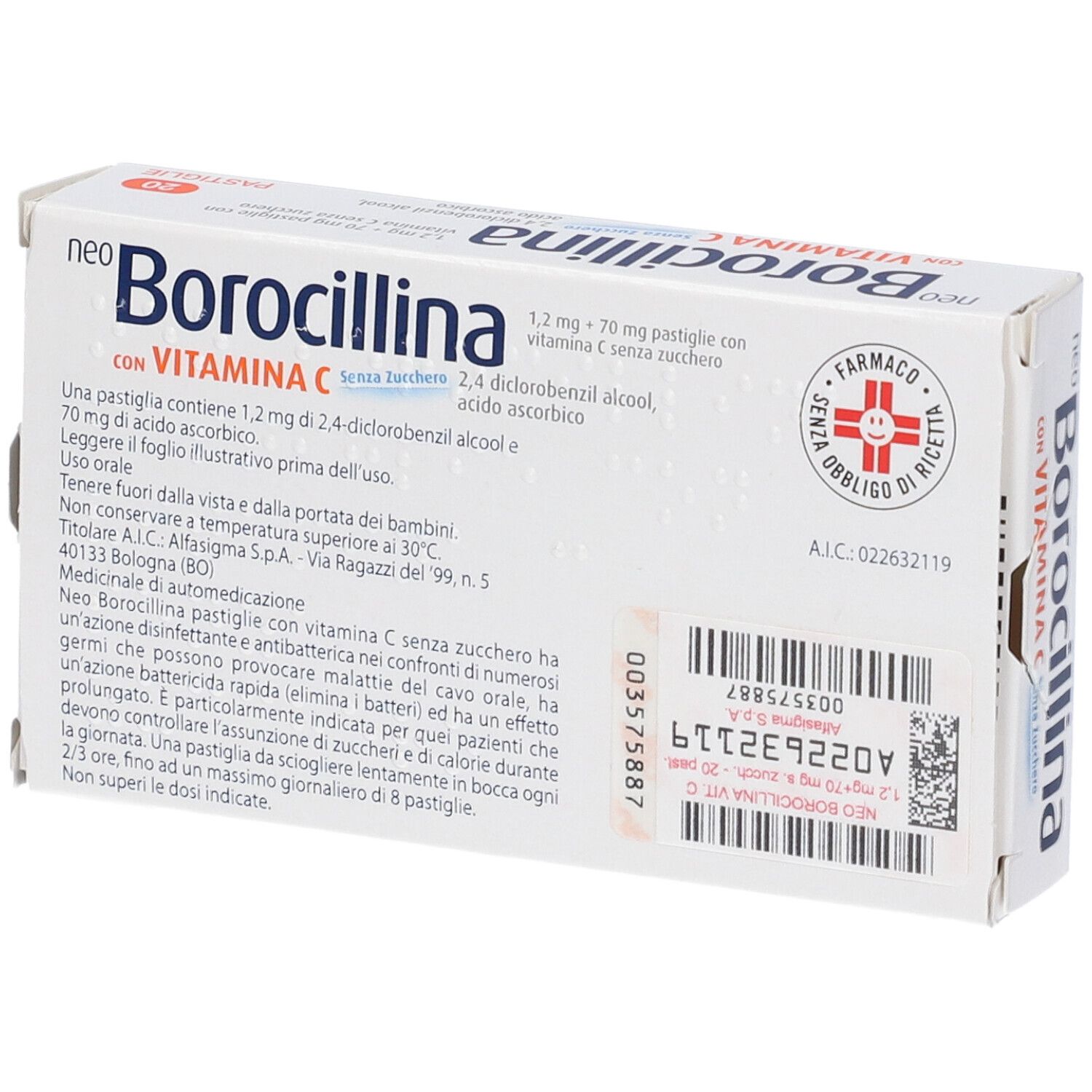 Scatola NEOBOROCILLINA con vitamina C senza zucchero. 20 pastiglie. Testo e codice a barre sul retro.