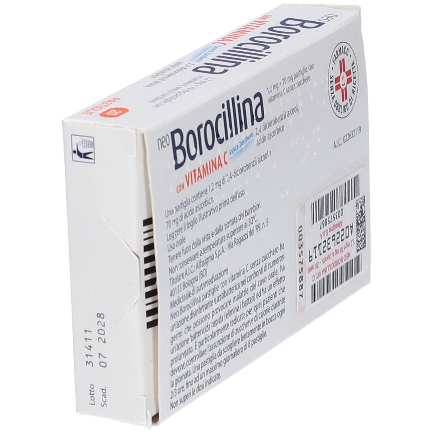 Scatola NEOBOROCILLINA con vitamina C senza zucchero. 20 pastiglie. Retro con testo e codice a barre. Vista obliqua.