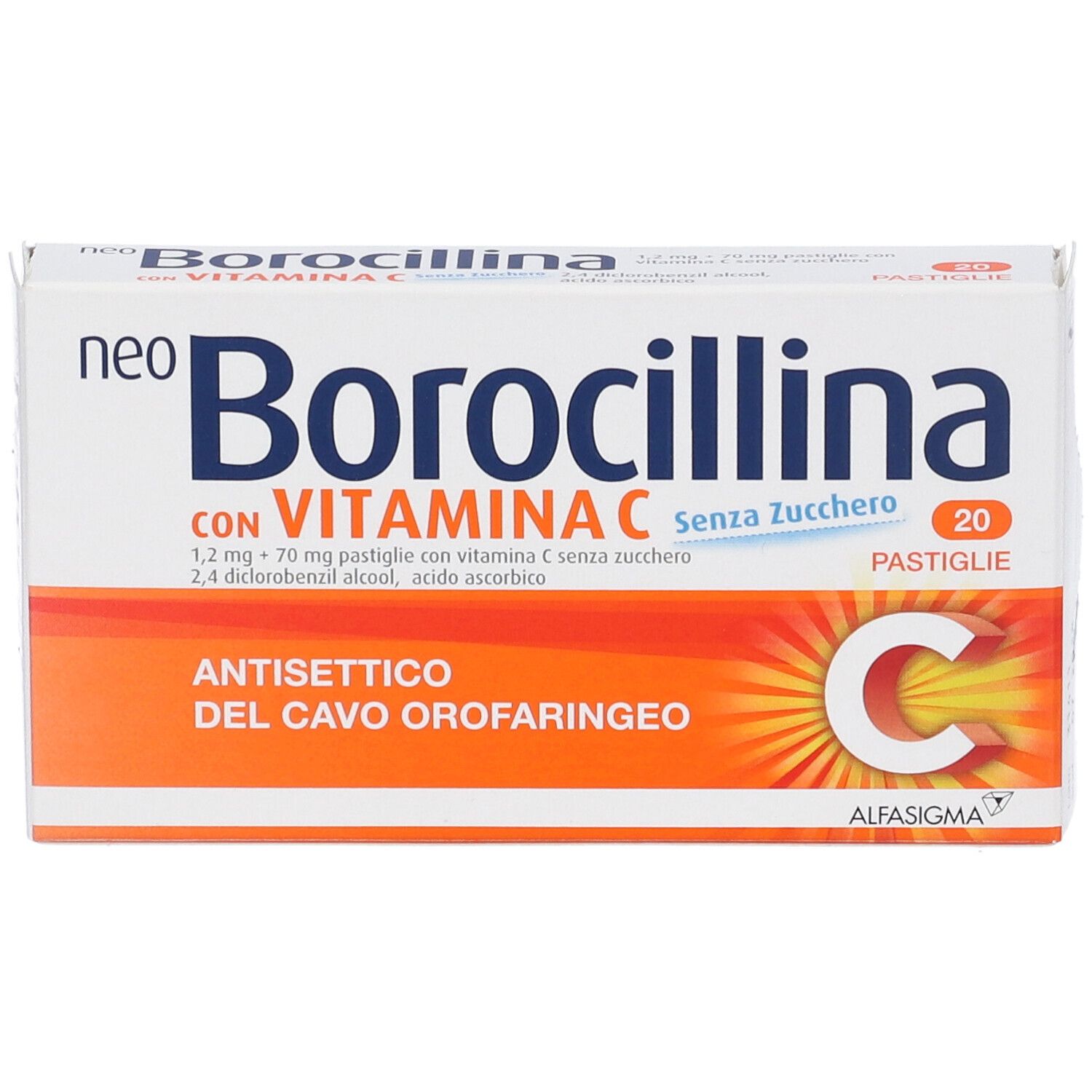 Scatola NEOBOROCILLINA con vitamina C senza zucchero. 20 pastiglie. Simbolo C arancione.