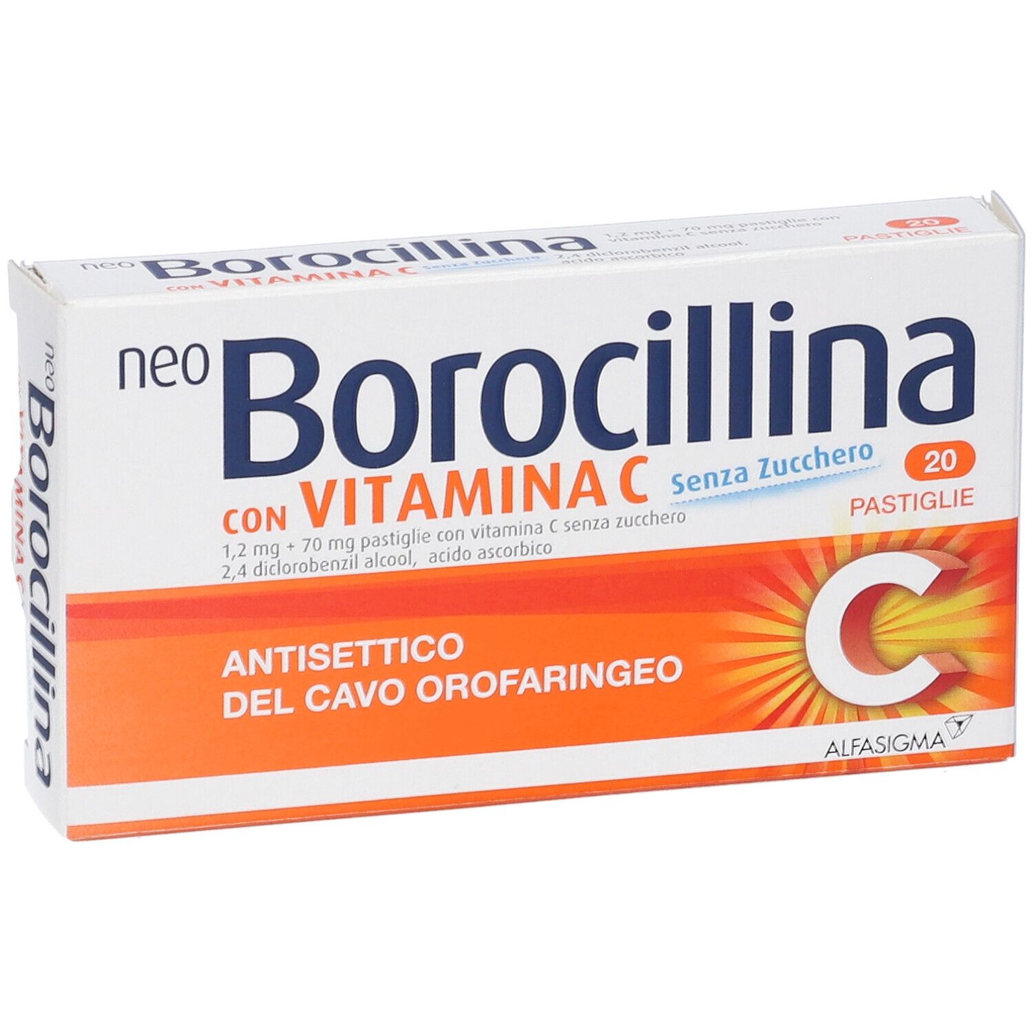 Scatola NEOBOROCILLINA con vitamina C senza zucchero. 20 pastiglie. Simbolo C arancione. Primo piano.