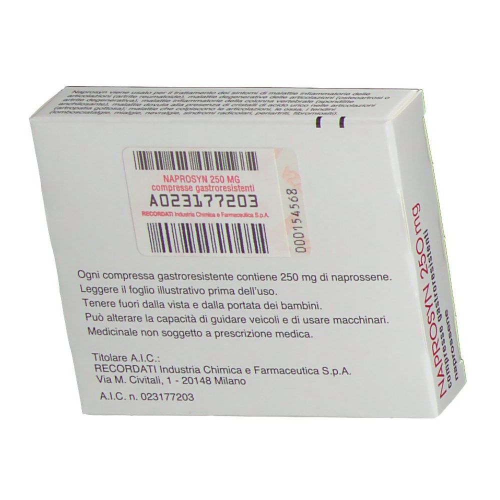 Retro della confezione di compresse NAPROSYN 250 mg. Testo in italiano. Codice a barre e numero di lotto visibili.