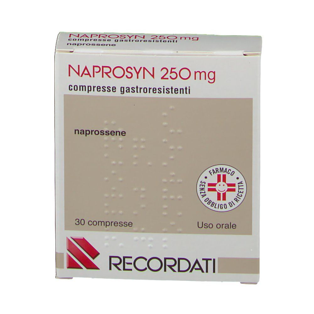 Fronte della confezione di compresse NAPROSYN 250 mg. Scritta: 30 compresse, logo, testo in italiano.
