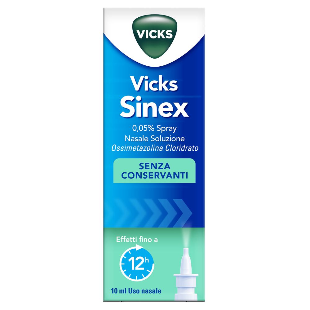 Vicks Sinex spray nasale, flacone da 10 ml. Confezione blu con nome e informazioni. Senza conservanti.