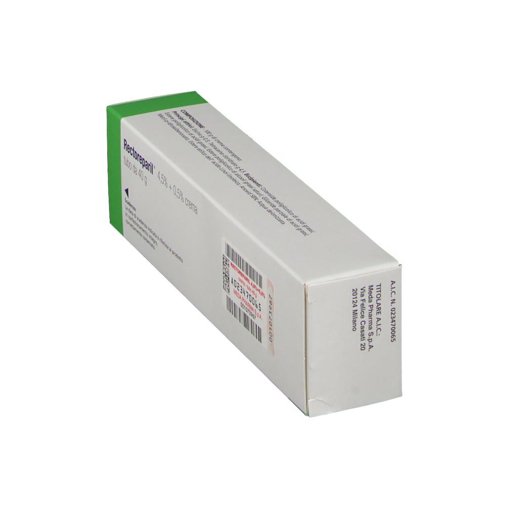 Scatola Rectoreparil 4,5% + 0,5% crema. Tubo da 40 g. Confezione verde e bianca. Etichetta con codice a barre e dettagli.