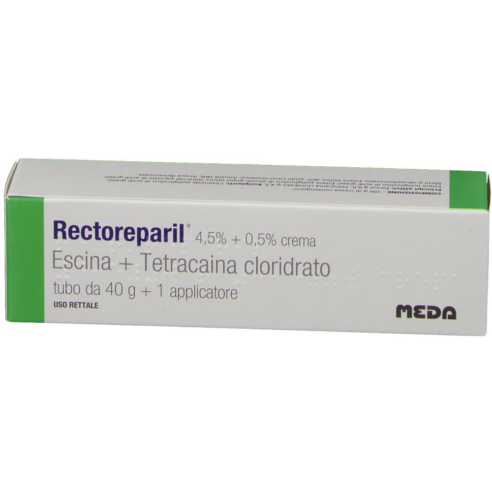 Scatola Rectoreparil 4,5% + 0,5% crema. Escina + Tetracaina cloridrato. Tubo 40 g + 1 applicatore. Logo MEDA.
