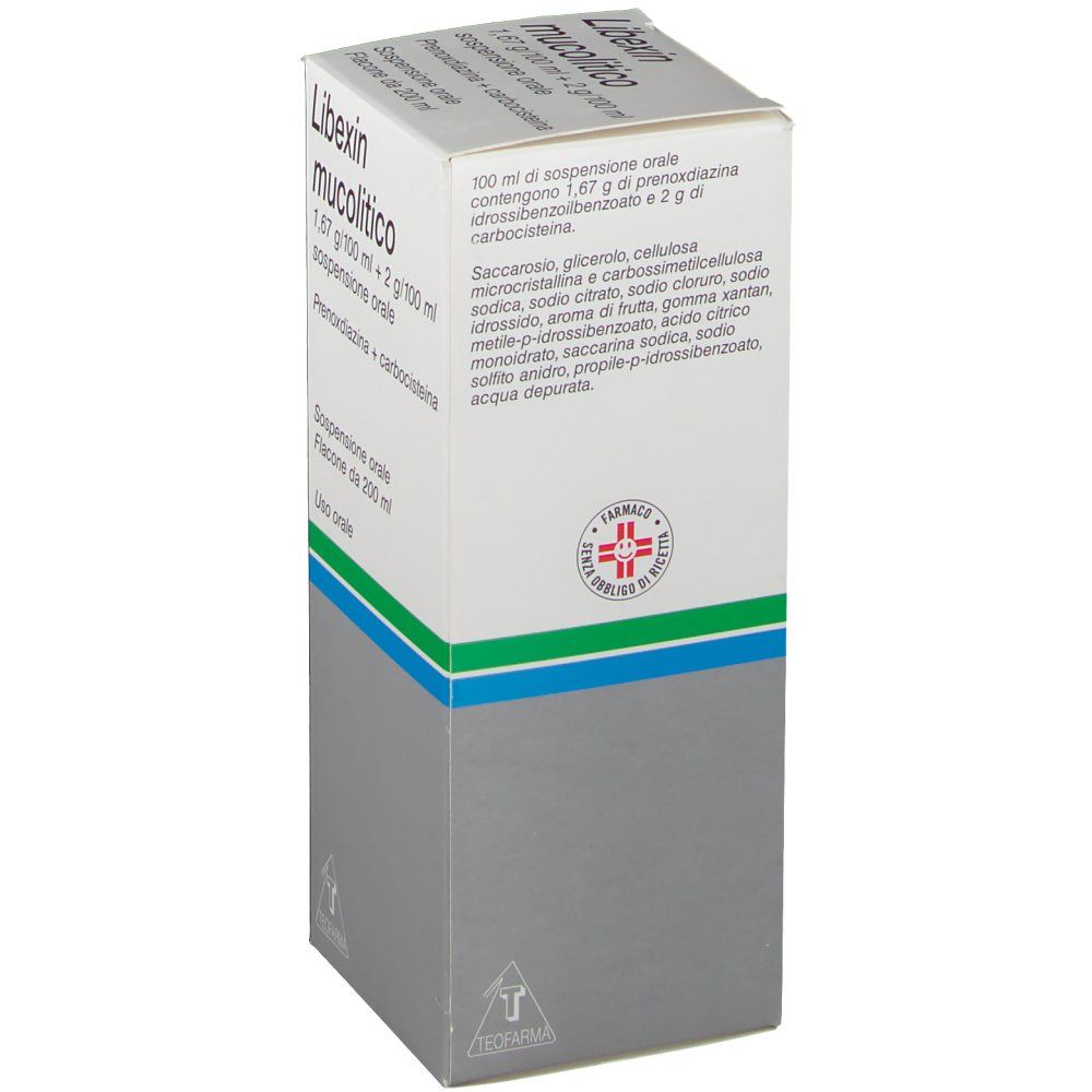 Scatola con nome del prodotto e informazioni. Strisce verdi e blu. Logo farmacia.