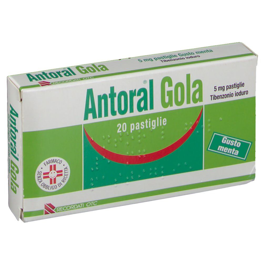 Scatola di pastiglie Antoral Gola. Design verde e bianco, arco rosso. Testo: 20 pastiglie, 5 mg, Gusto menta.