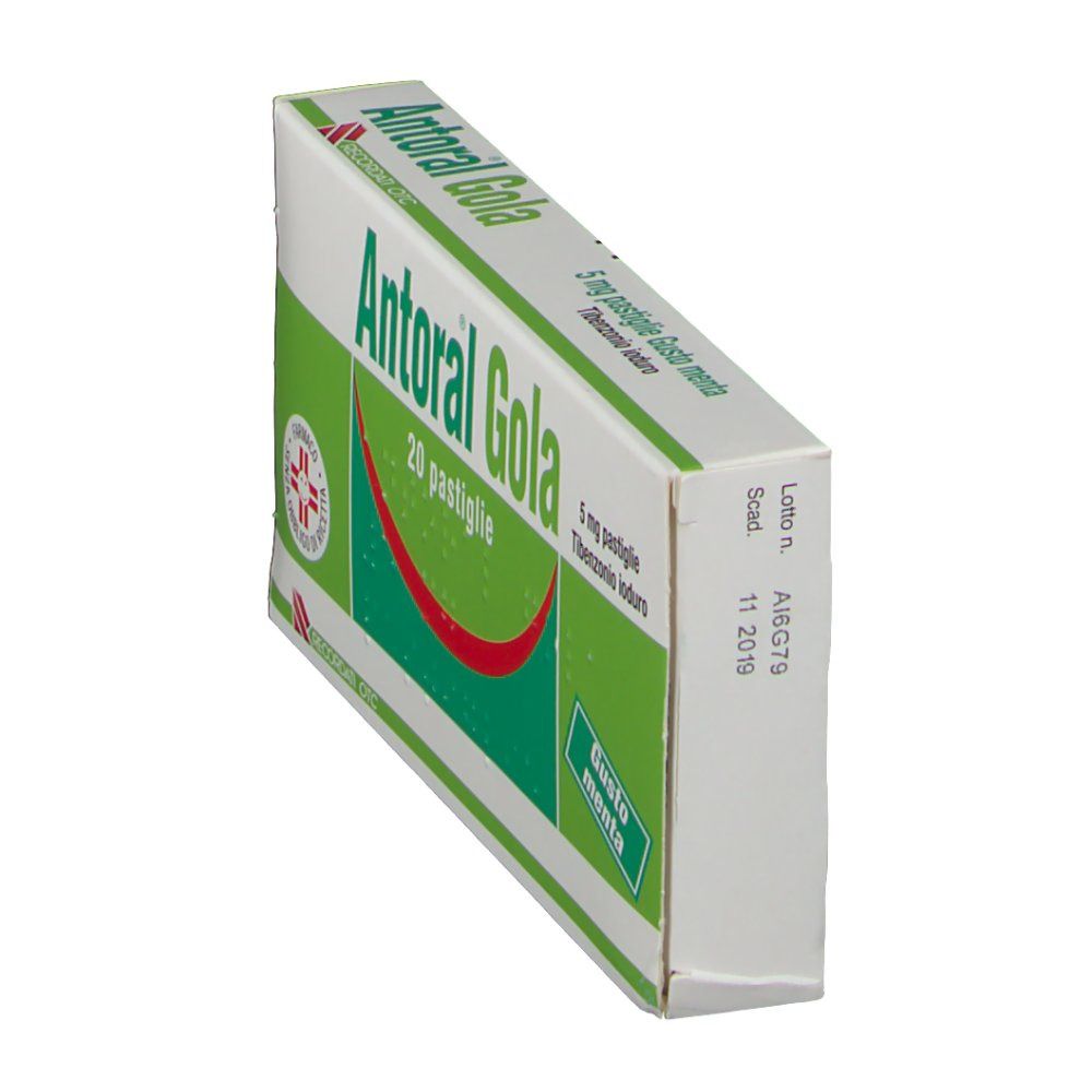 Scatola Antoral Gola, in diagonale. Design verde e bianco. Testo: 20 pastiglie, 5 mg, Gusto menta. Vista laterale con scadenza.