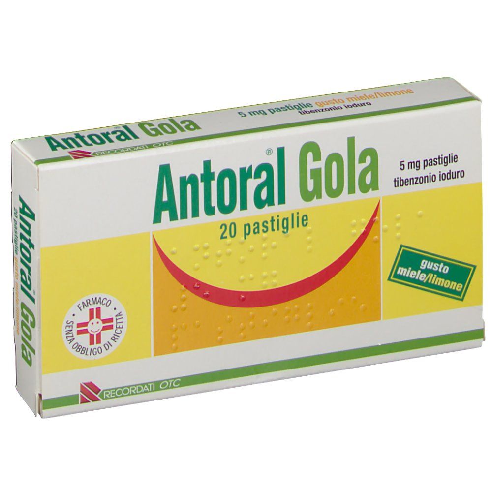 Scatola di pastiglie "Antoral Gola". Scritta: 20 pastiglie, gusto miele-limone. Logo farmacia.