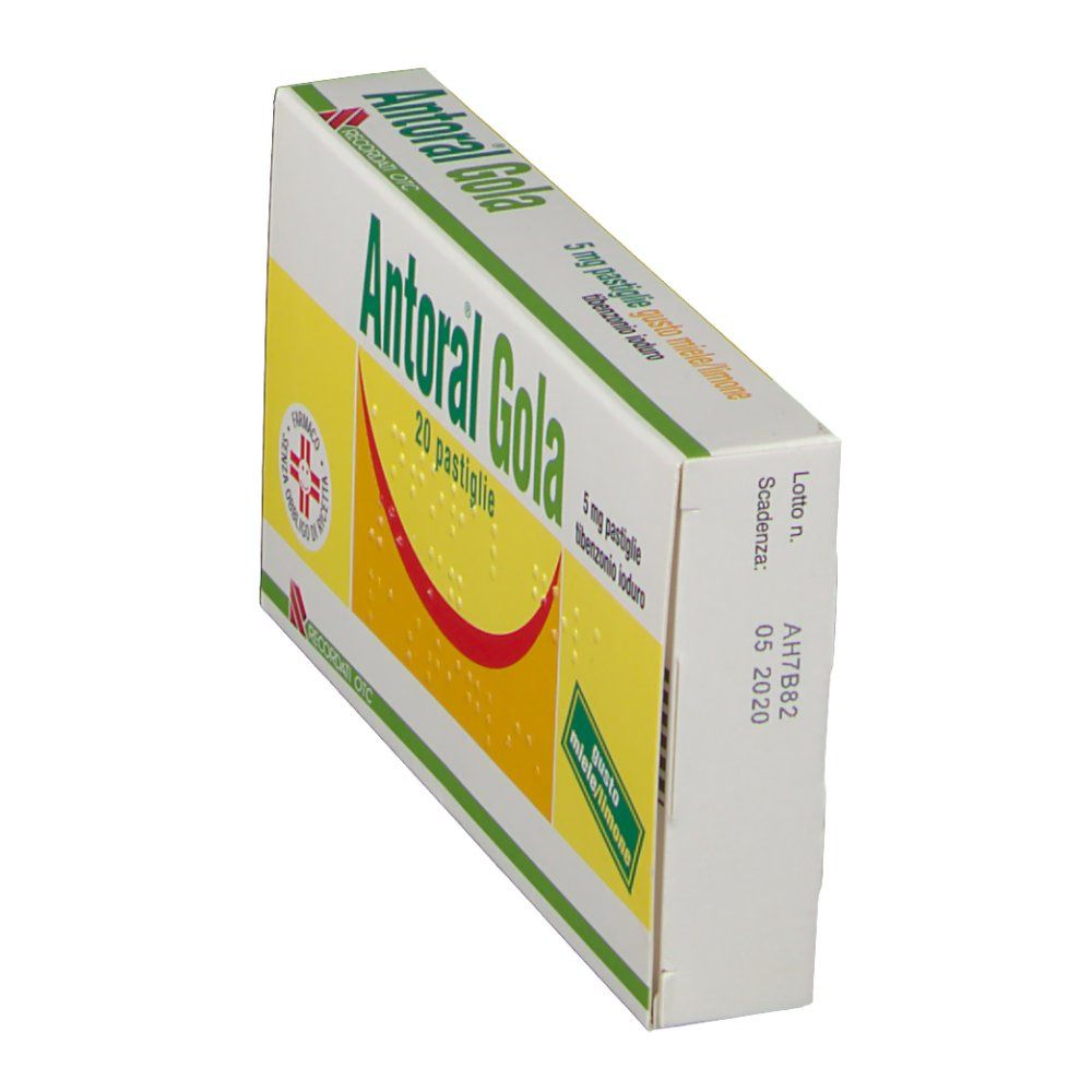 Scatola "Antoral Gola" in prospettiva. Scritta: 20 pastiglie. Informazioni scadenza e numero lotto.