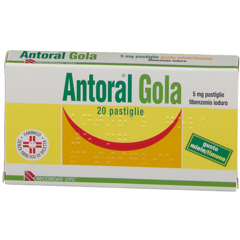 Scatola "Antoral Gola" con scritta: 20 pastiglie, gusto miele-limone. Logo farmacia.