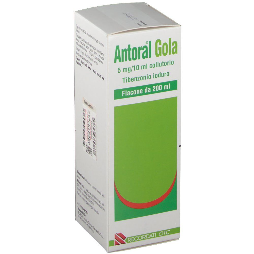 Confezione di Antoral Gola. Design verde e bianco con nome e informazioni. Flacone da 200 ml. Con testo.