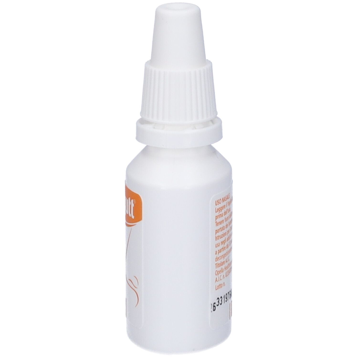 Flacone bianco con erogatore spray. Etichetta con informazioni prodotto. Vista laterale.