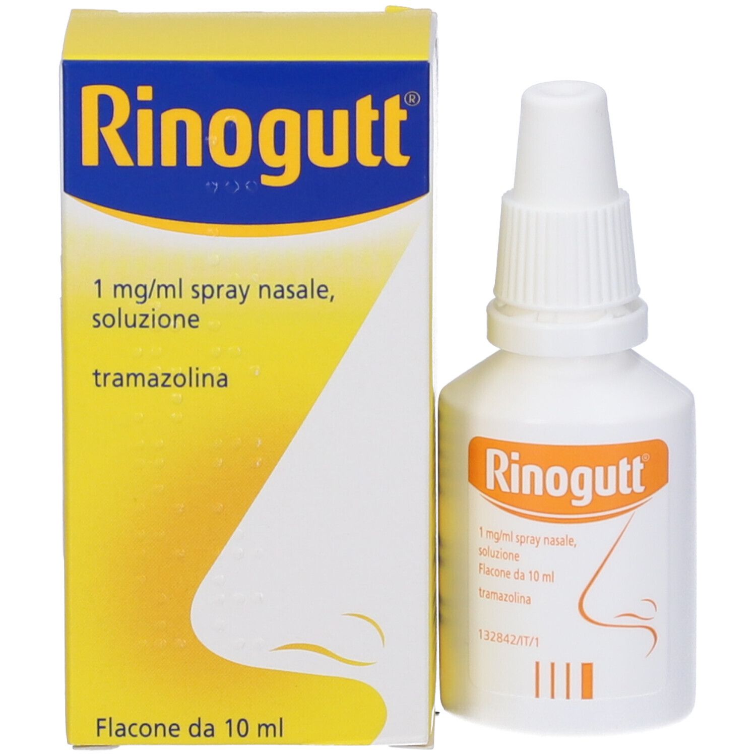 Flacone bianco con erogatore spray accanto a scatola. Scatola con nome Rinogutt. Spray nasale.